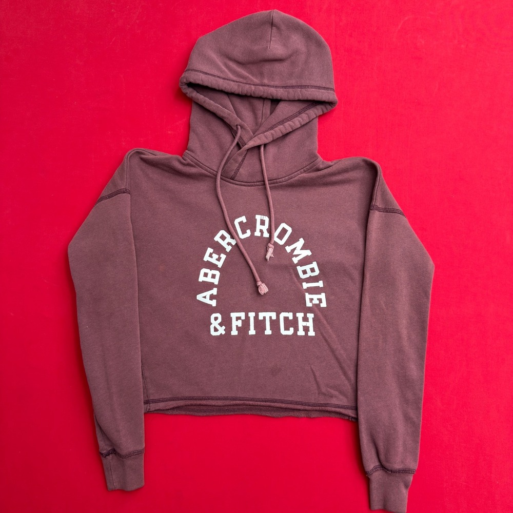 Abercrombie & Fitch Womens XS Cropped Hoodie Burgundy Arch Logo Sweatshirt